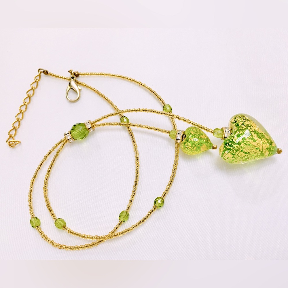 Lime Green Gold Dichroic Art Glass Double Pendant Heart Necklace